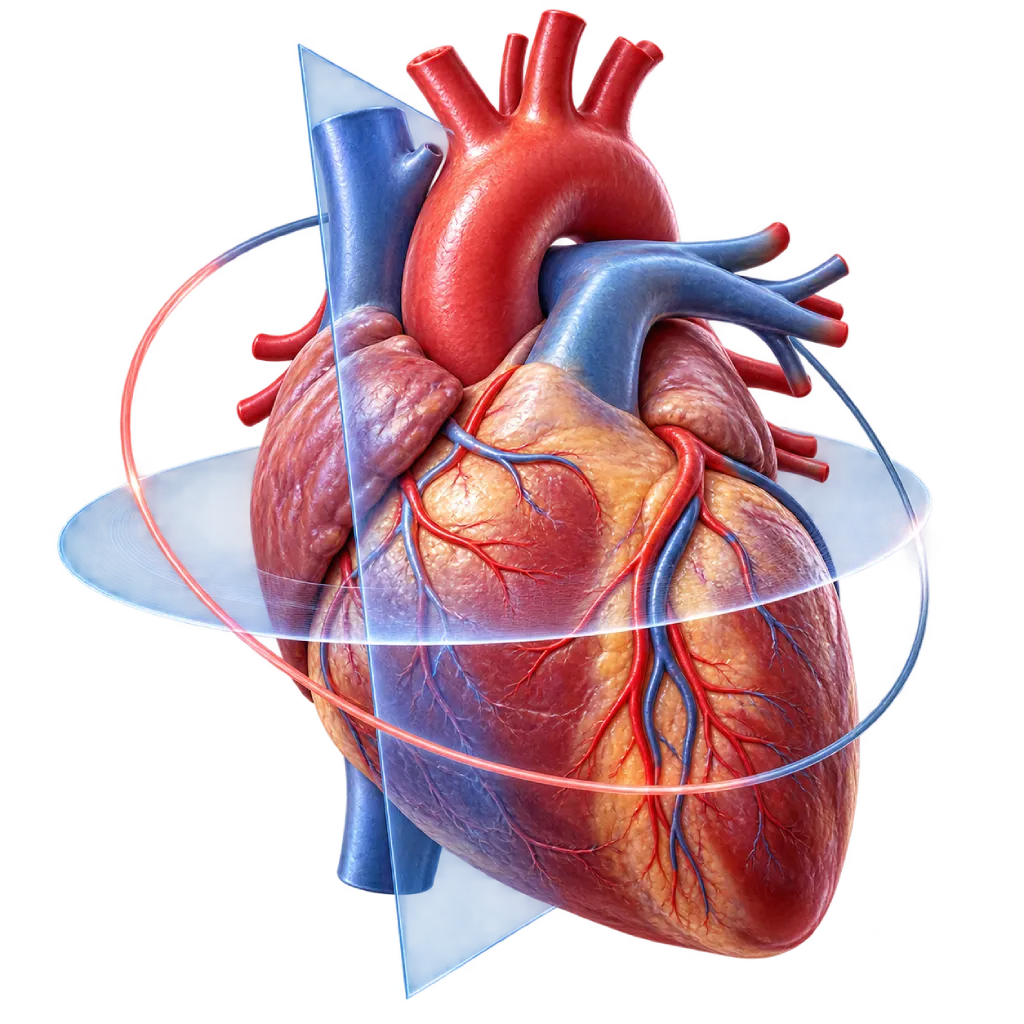 Ilustrasi anatomis jantung manusia dengan lapisan visual diagnostik transparan yang menggambarkan proses evaluasi dan second opinion setelah operasi jantung untuk membantu menentukan langkah perawatan berikutnya.