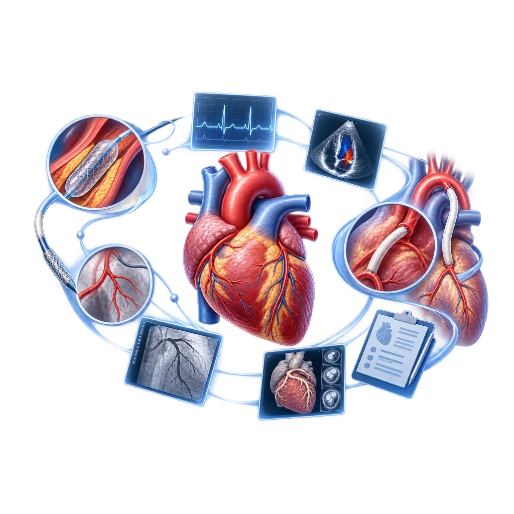 Ilustrasi jantung anatomis dengan dua jalur pertimbangan penanganan yang seimbang serta elemen EKG, ekokardiografi, angiografi koroner, CT jantung, dan rekam medis sebagai gambaran evaluasi saat rekomendasi dokter jantung berbeda.