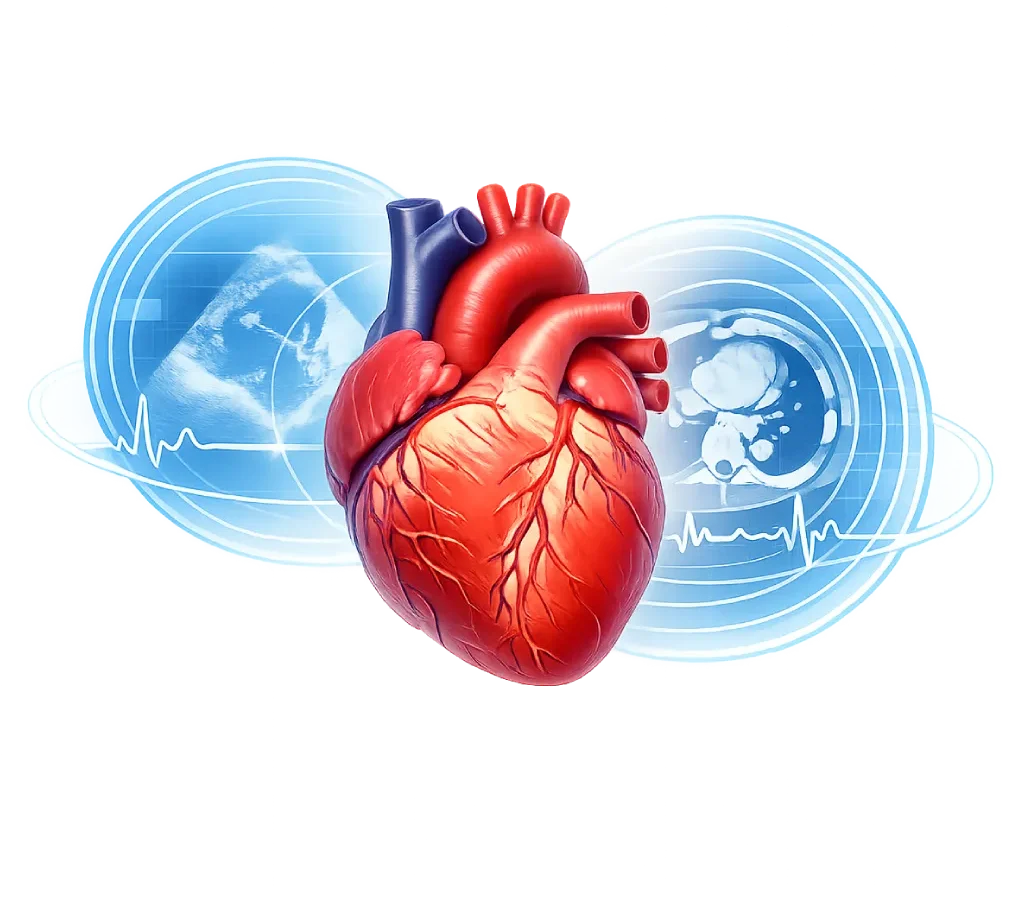 Ilustrasi jantung anatomis dengan dua lapisan pemeriksaan pencitraan medis yang melambangkan evaluasi tambahan dalam second opinion dokter jantung.