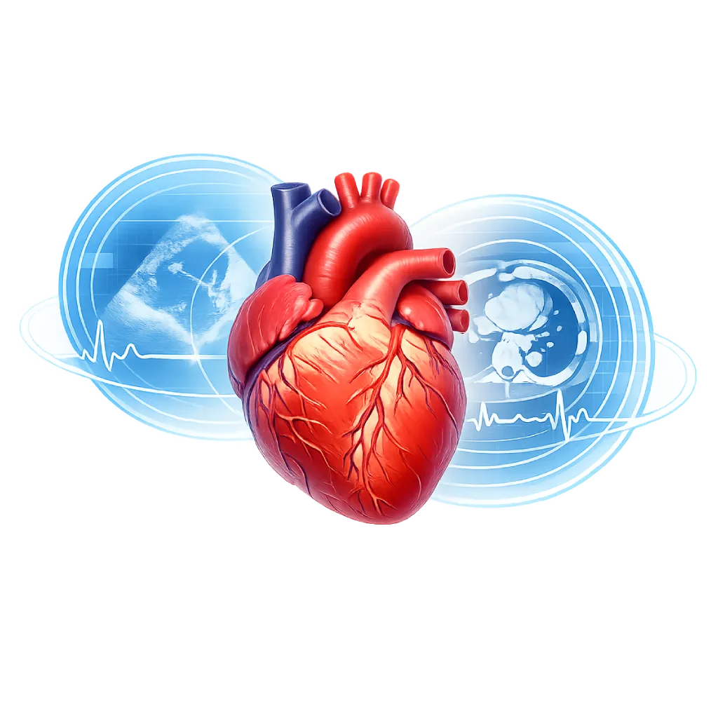 Ilustrasi jantung anatomis dengan dua lapisan pemeriksaan pencitraan medis yang melambangkan evaluasi tambahan dalam second opinion dokter jantung.