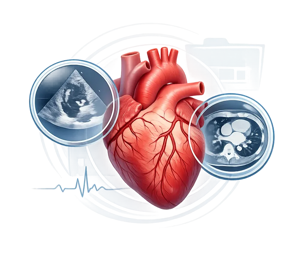 Ilustrasi jantung anatomis dengan pemeriksaan ekokardiografi dan pencitraan medis yang melambangkan second opinion sebelum mengambil keputusan perawatan jantung.