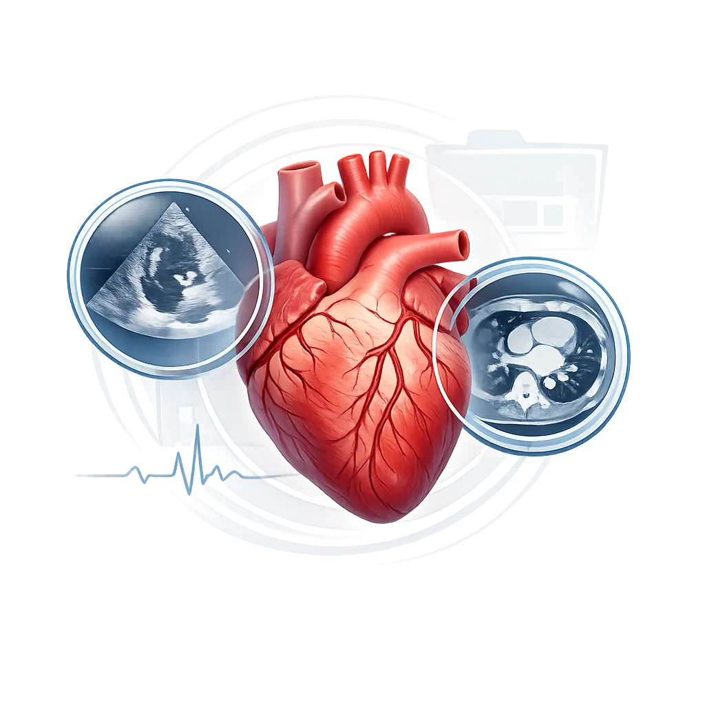 Ilustrasi jantung anatomis dengan pemeriksaan ekokardiografi dan pencitraan medis yang melambangkan second opinion sebelum mengambil keputusan perawatan jantung.