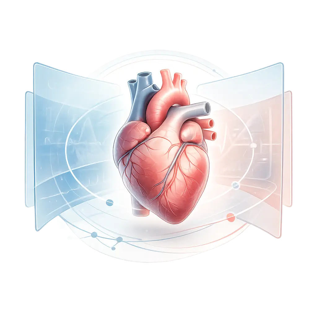Ilustrasi jantung anatomis dengan dua lapisan pemeriksaan diagnostik transparan yang melambangkan second opinion dan peninjauan pilihan sebelum tindakan kardiovaskular.