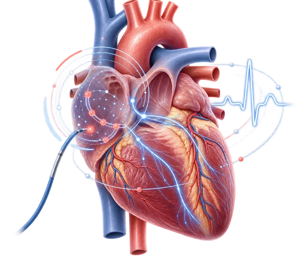 Ilustrasi anatomis jantung dengan pemetaan elektrofisiologi, jalur listrik jantung, titik ablasi, kateter, dan visual irama untuk menggambarkan evaluasi serta second opinion setelah ablasi jantung.