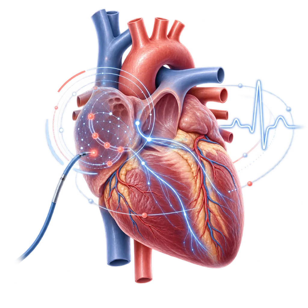 Ilustrasi anatomis jantung dengan pemetaan elektrofisiologi, jalur listrik jantung, titik ablasi, kateter, dan visual irama untuk menggambarkan evaluasi serta second opinion setelah ablasi jantung.