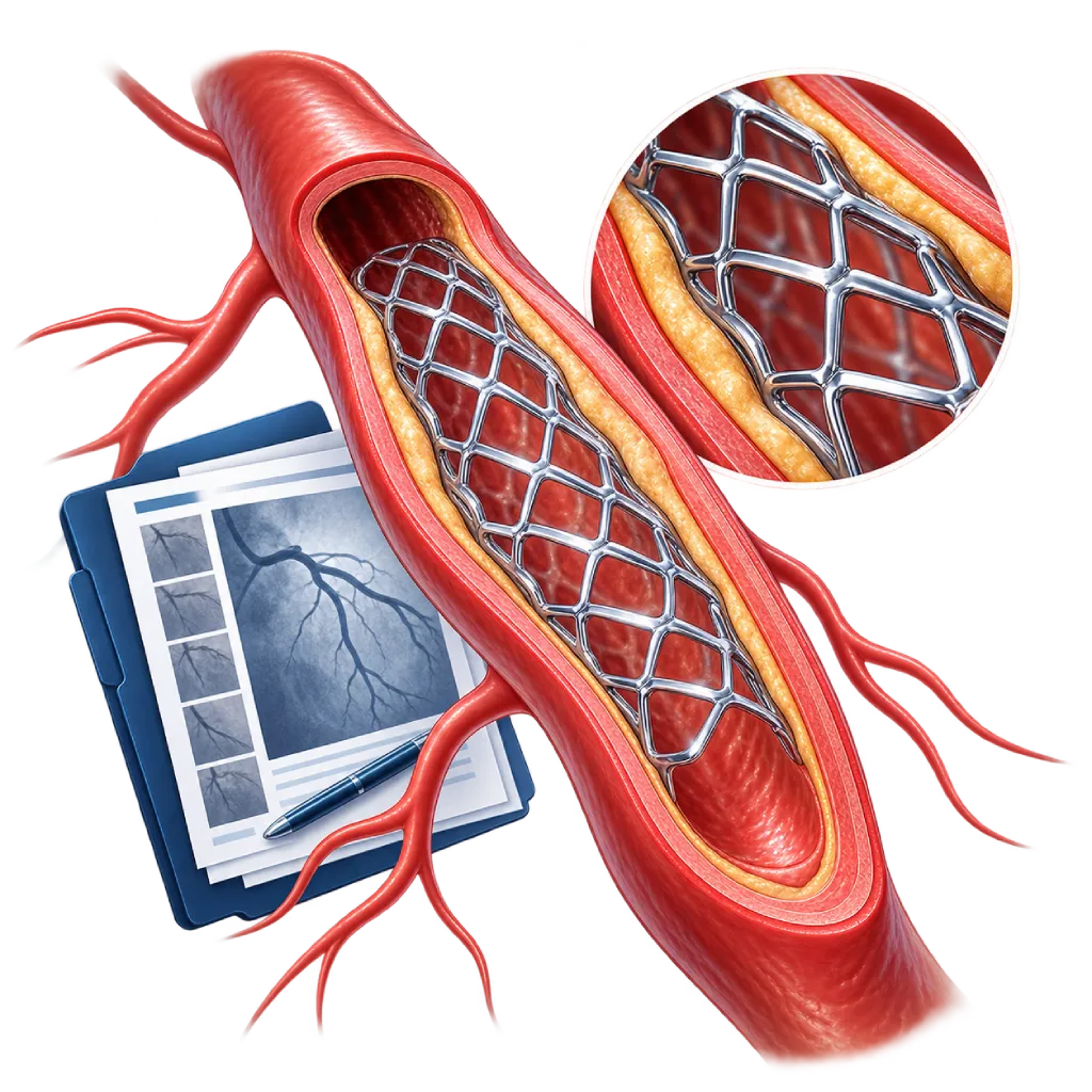 Ilustrasi medis pembuluh darah koroner dengan stent yang terpasang, tampilan pembesaran struktur stent, serta dokumen angiografi untuk menggambarkan peninjauan hasil medis setelah pemasangan ring jantung.
