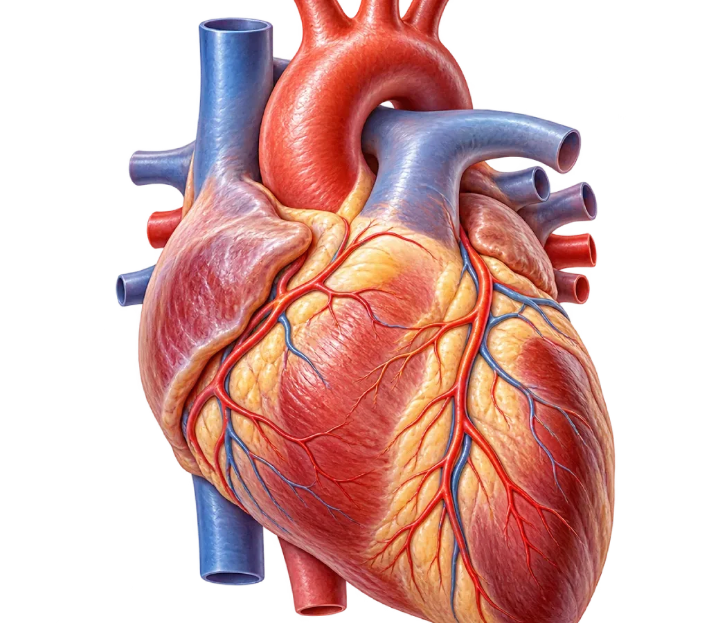 Ilustrasi anatomi jantung manusia tampak anterior dengan aorta, arteri pulmonalis, dan pembuluh koroner utama pada permukaan jantung.