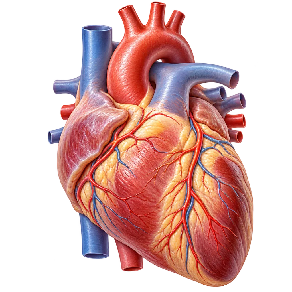 Ilustrasi anatomi jantung manusia tampak anterior dengan aorta, arteri pulmonalis, dan pembuluh koroner utama pada permukaan jantung.