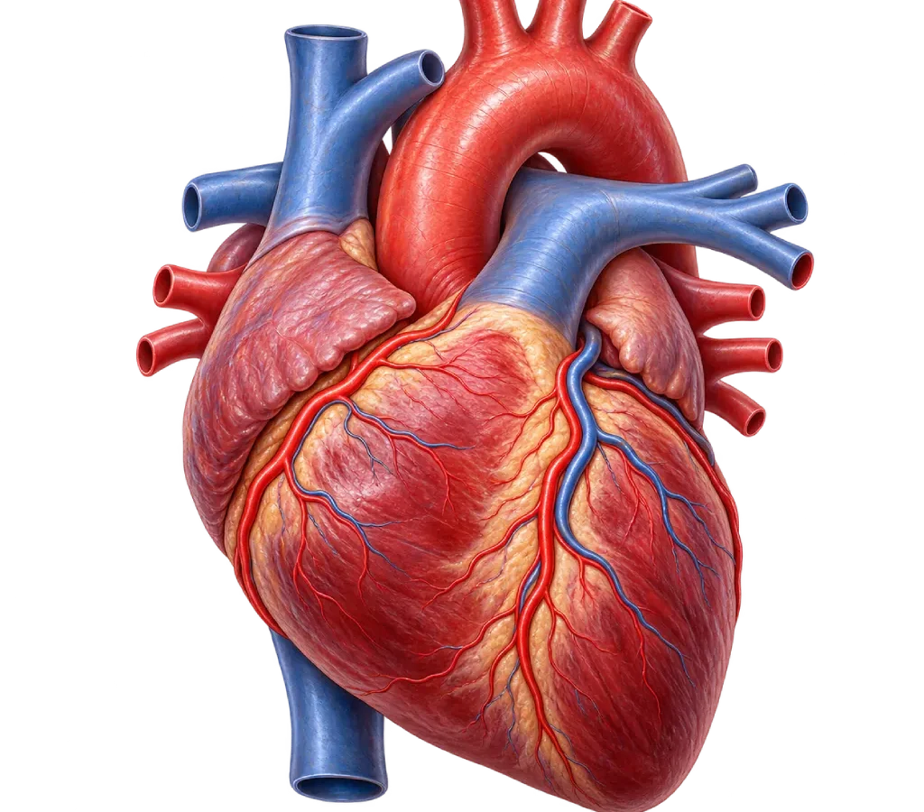 Ilustrasi anatomi jantung manusia tampak anterior dengan pembuluh koroner, aorta, arteri pulmonalis, serta pembuluh darah utama yang terlihat jelas.
