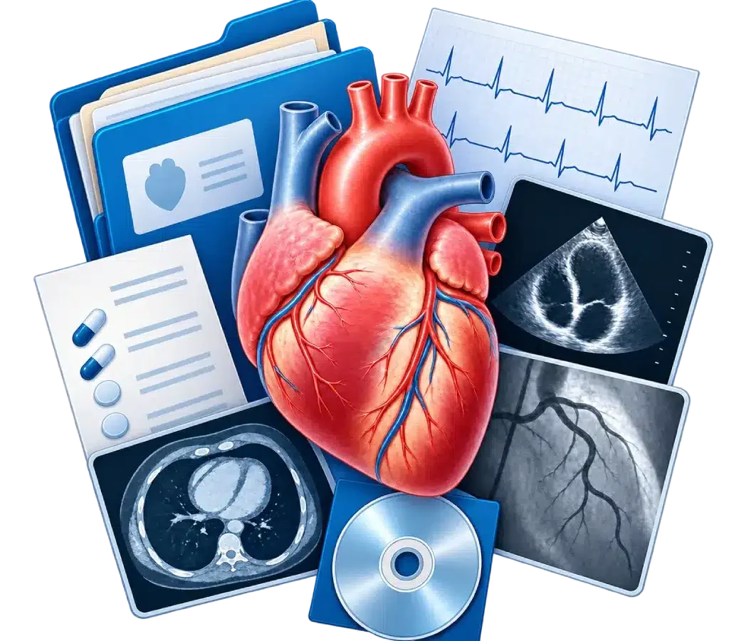 Ilustrasi anatomi jantung yang dikelilingi folder rekam medis, EKG, ekokardiografi, angiografi, CT atau MRI, daftar obat, dan media pencitraan sebagai persiapan dokumen untuk second opinion jantung.