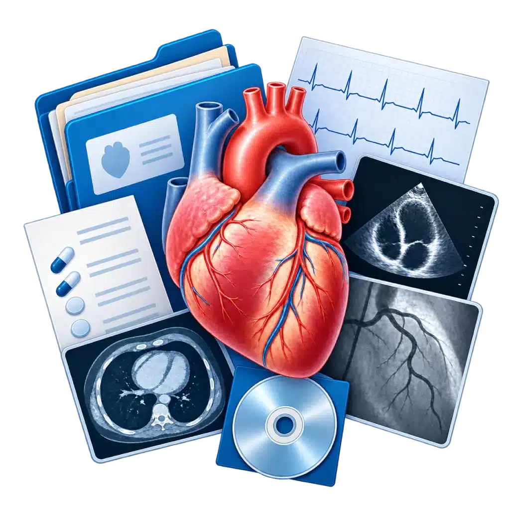 Ilustrasi anatomi jantung yang dikelilingi folder rekam medis, EKG, ekokardiografi, angiografi, CT atau MRI, daftar obat, dan media pencitraan sebagai persiapan dokumen untuk second opinion jantung.