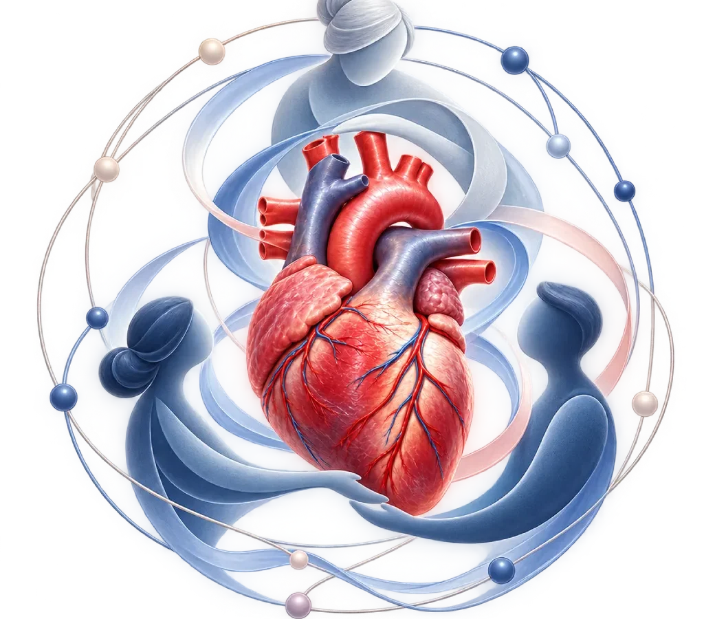 Ilustrasi medis tanpa latar belakang berupa jantung anatomis yang dikelilingi tiga figur keluarga abstrak, melambangkan dukungan keluarga dan pengambilan keputusan perawatan jantung bersama.