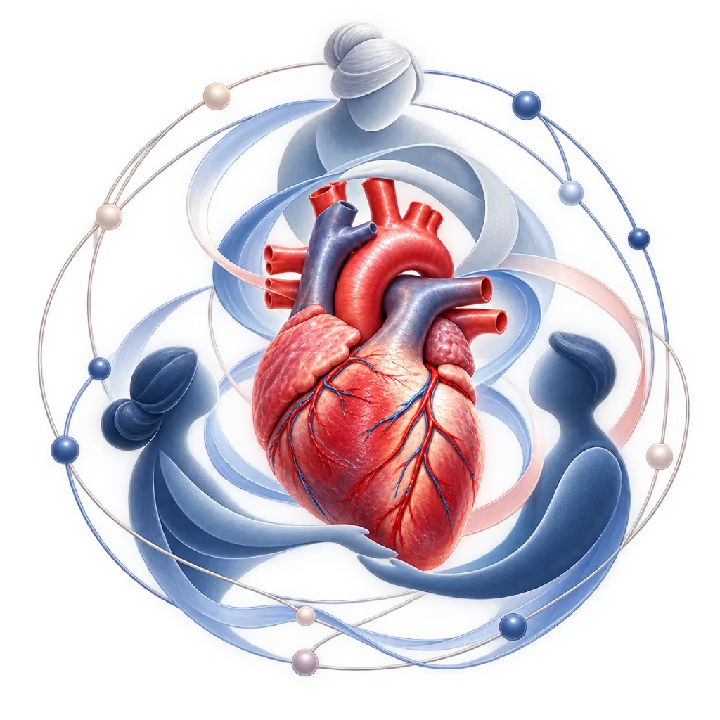 Ilustrasi medis tanpa latar belakang berupa jantung anatomis yang dikelilingi tiga figur keluarga abstrak, melambangkan dukungan keluarga dan pengambilan keputusan perawatan jantung bersama.