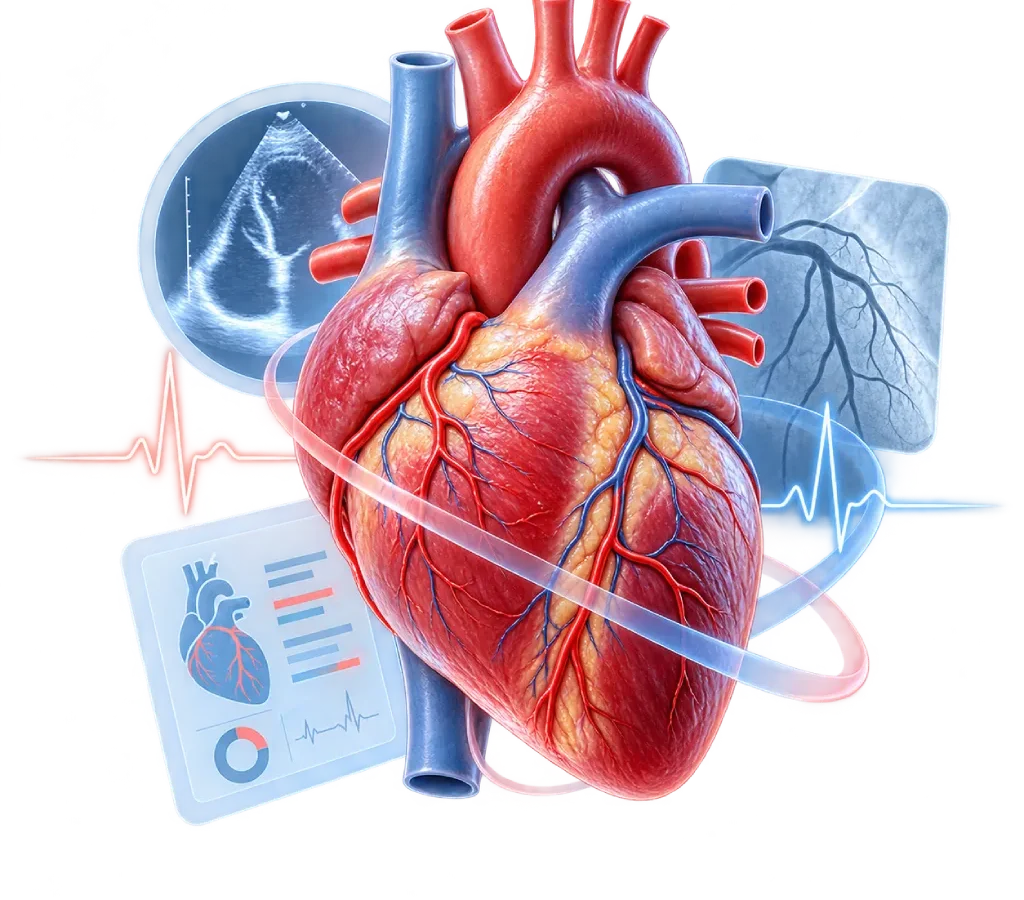 Ilustrasi anatomis jantung dengan elemen EKG, ekokardiografi, angiografi koroner, dan panel hasil pemeriksaan yang menggambarkan penggunaan bukti klinis dalam memahami pilihan perawatan jantung.