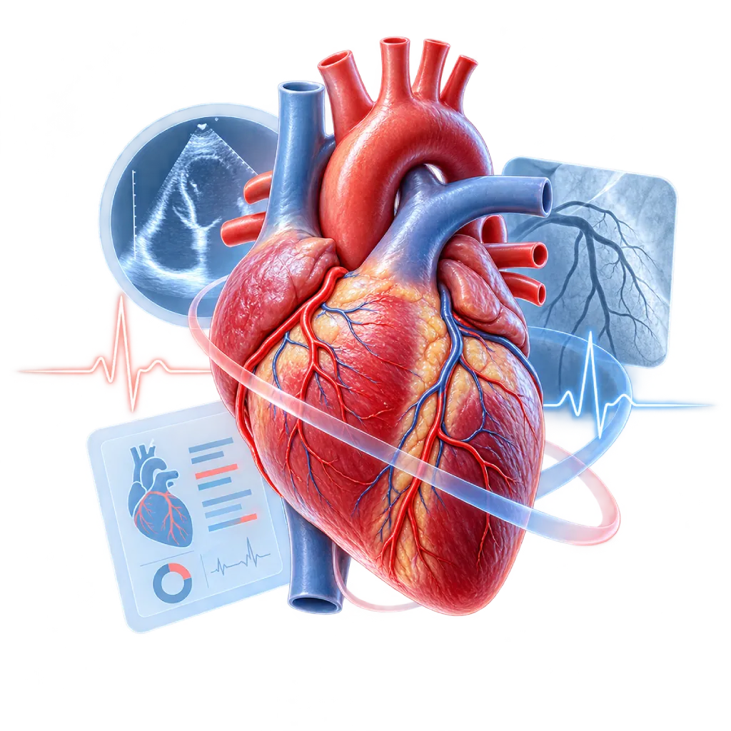 Ilustrasi anatomis jantung dengan elemen EKG, ekokardiografi, angiografi koroner, dan panel hasil pemeriksaan yang menggambarkan penggunaan bukti klinis dalam memahami pilihan perawatan jantung.