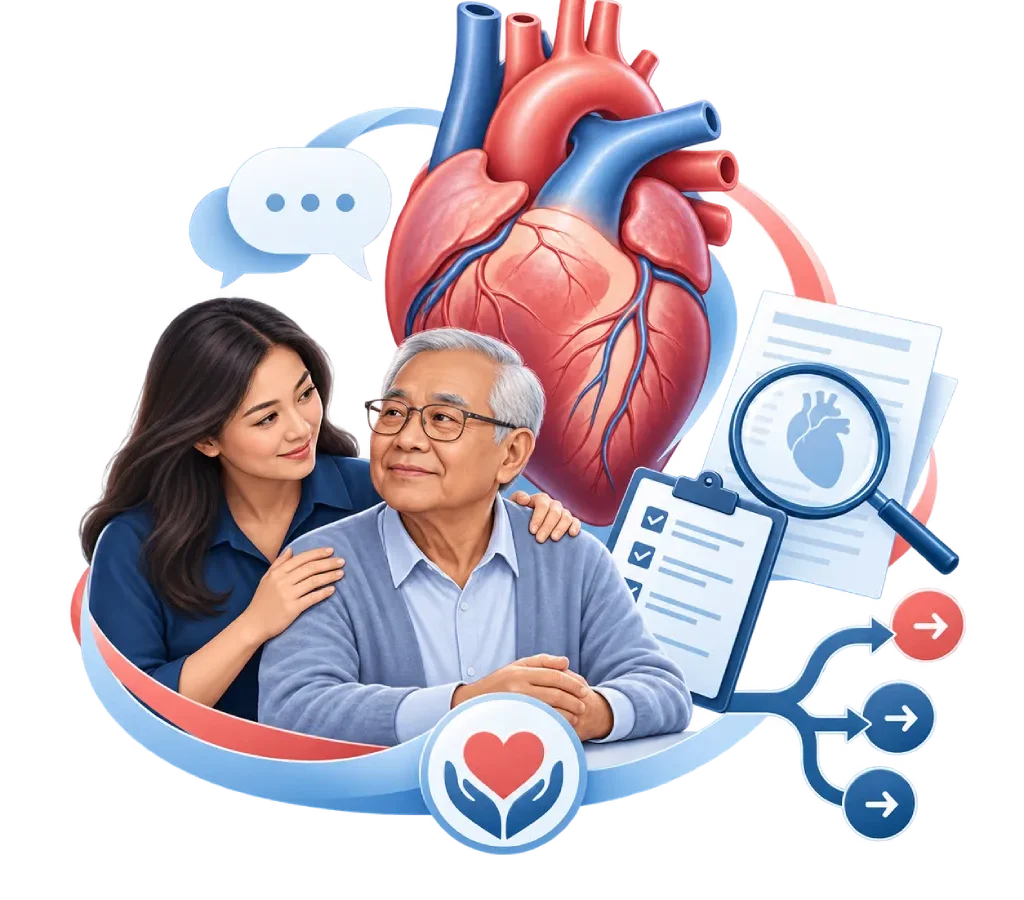Ilustrasi medis tanpa latar menampilkan jantung anatomis, pasien orang tua, dan anak dewasa sebagai pendamping dalam proses second opinion medis jantung dengan fokus pada dukungan keluarga dan keputusan bersama.