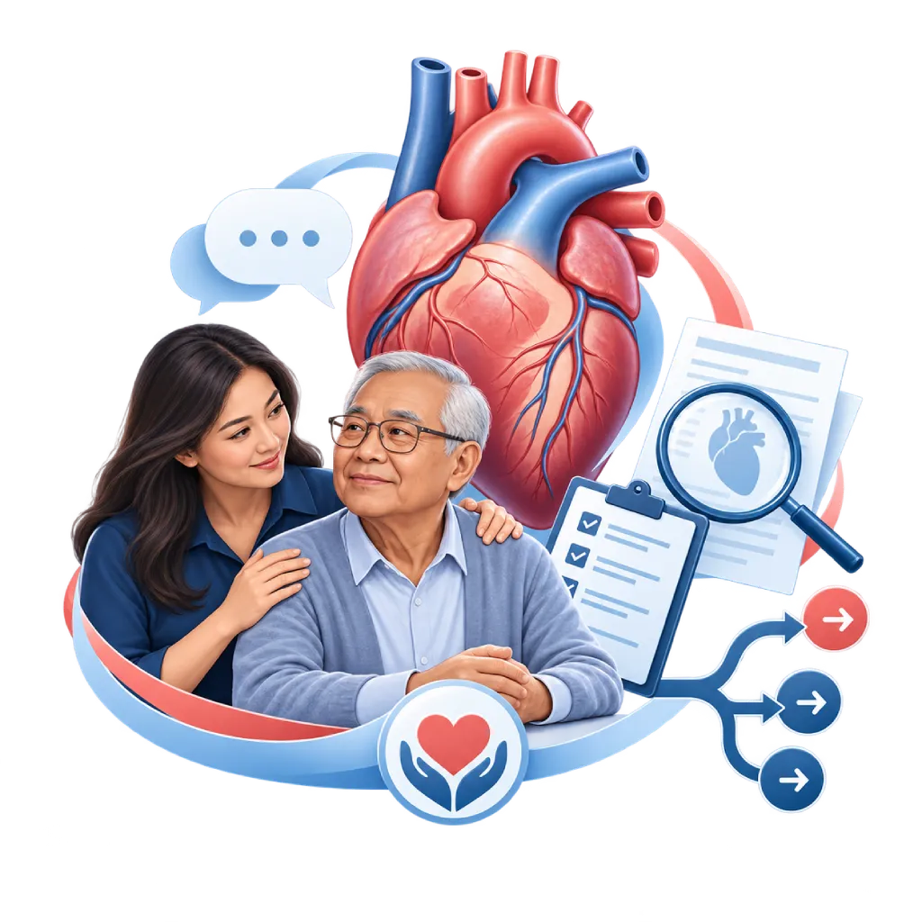 Ilustrasi medis tanpa latar menampilkan jantung anatomis, pasien orang tua, dan anak dewasa sebagai pendamping dalam proses second opinion medis jantung dengan fokus pada dukungan keluarga dan keputusan bersama.