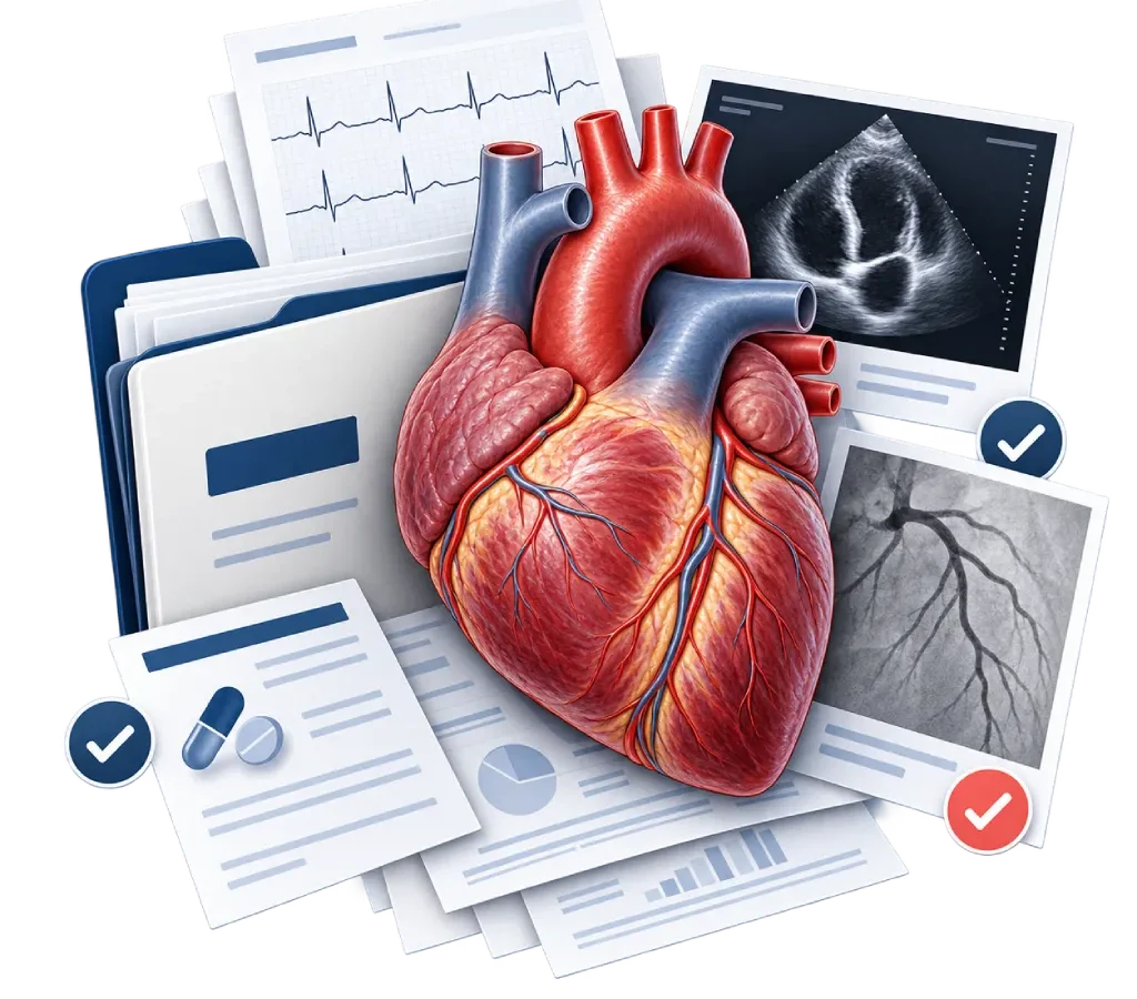 Ilustrasi anatomi jantung yang dikelilingi rekam medis, EKG, ekokardiografi, angiografi koroner, daftar obat, dan dokumen pemeriksaan sebagai simbol persiapan informasi sebelum konsultasi second opinion jantung.