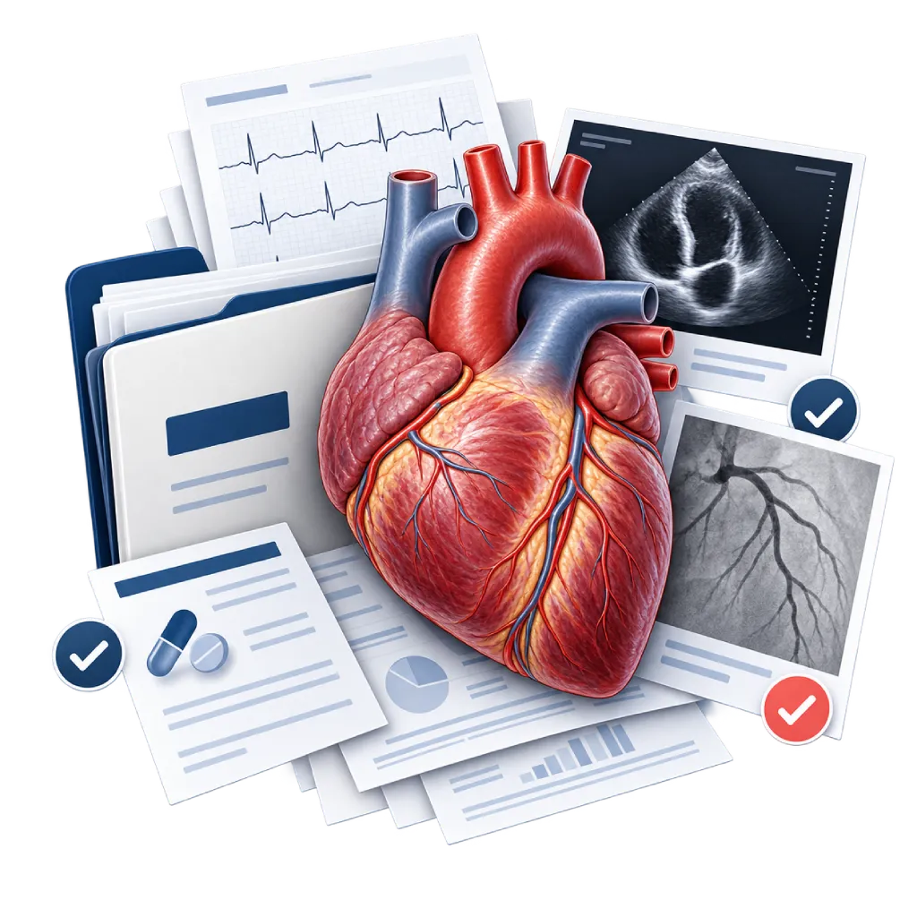 Ilustrasi anatomi jantung yang dikelilingi rekam medis, EKG, ekokardiografi, angiografi koroner, daftar obat, dan dokumen pemeriksaan sebagai simbol persiapan informasi sebelum konsultasi second opinion jantung.