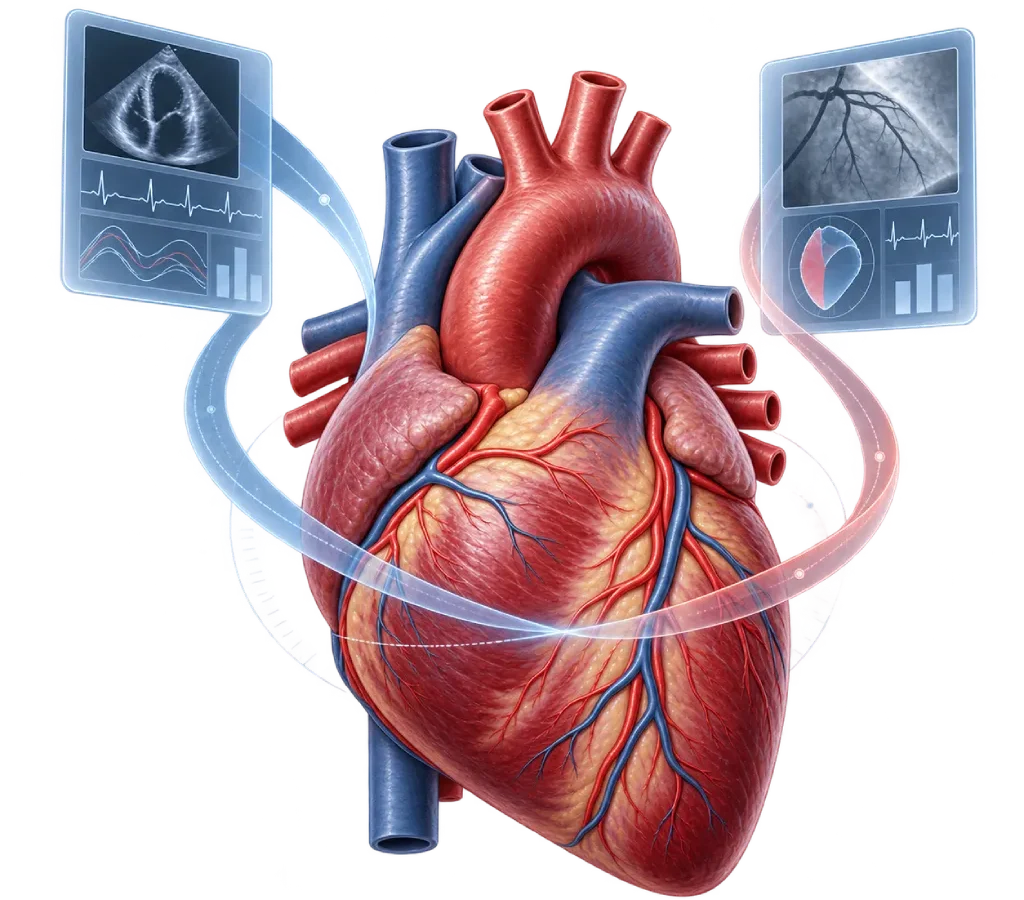 Ilustrasi anatomi jantung dengan dua perspektif klinis, panel ekokardiografi, angiografi koroner, rekaman ECG, dan alur informasi medis yang menggambarkan proses peninjauan second opinion jantung.