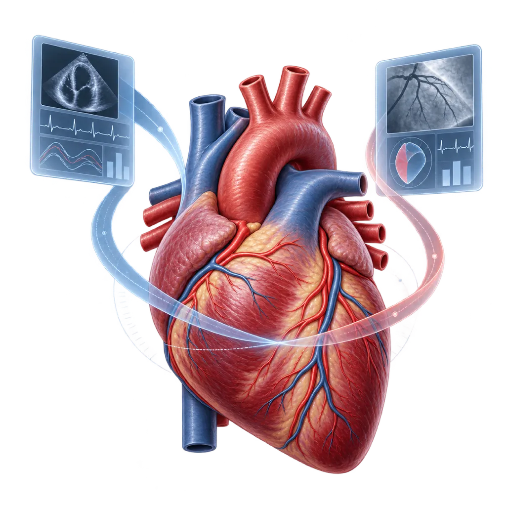 Ilustrasi anatomi jantung dengan dua perspektif klinis, panel ekokardiografi, angiografi koroner, rekaman ECG, dan alur informasi medis yang menggambarkan proses peninjauan second opinion jantung.