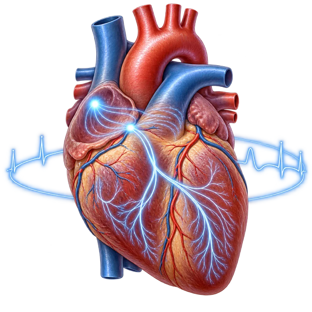 Ilustrasi anatomi jantung manusia dengan jalur sistem konduksi listrik dan visual ritme denyut yang berubah, menggambarkan konsep detak jantung tidak beraturan tanpa menunjukkan diagnosis aritmia tertentu.