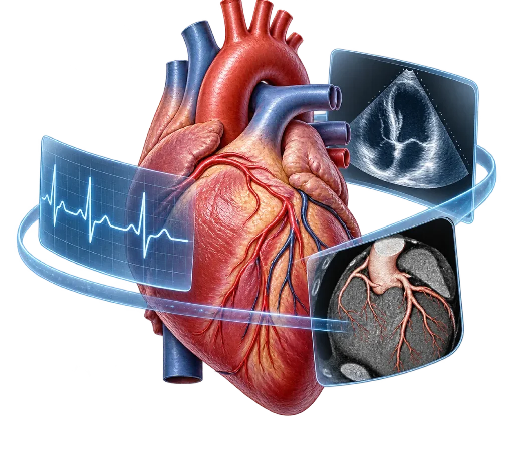 Ilustrasi anatomi jantung dengan EKG, ekokardiografi, dan pencitraan koroner yang menggambarkan penggunaan berbagai hasil pemeriksaan dalam proses validasi diagnosis jantung.