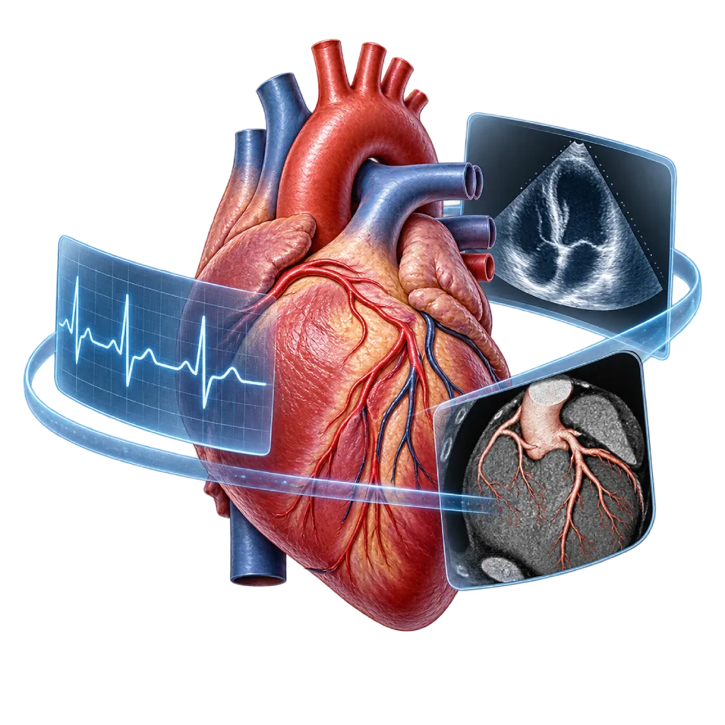 Ilustrasi anatomi jantung dengan EKG, ekokardiografi, dan pencitraan koroner yang menggambarkan penggunaan berbagai hasil pemeriksaan dalam proses validasi diagnosis jantung.