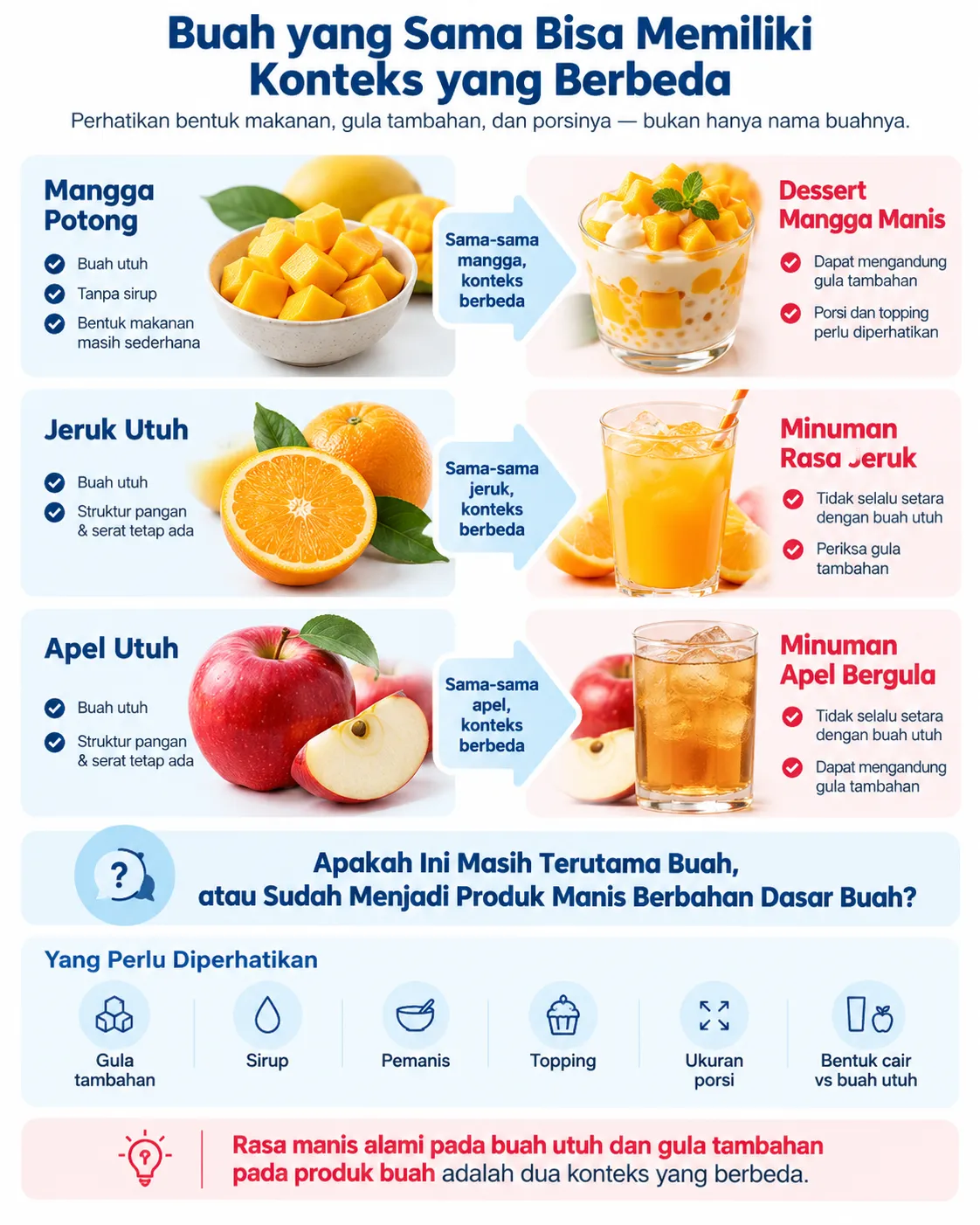 Infografik Heartology tentang perbedaan konteks nutrisi buah utuh dan produk buah manis, dengan contoh mangga, jeruk, dan apel untuk membantu penderita jantung memperhatikan bentuk makanan, gula tambahan, dan porsi.