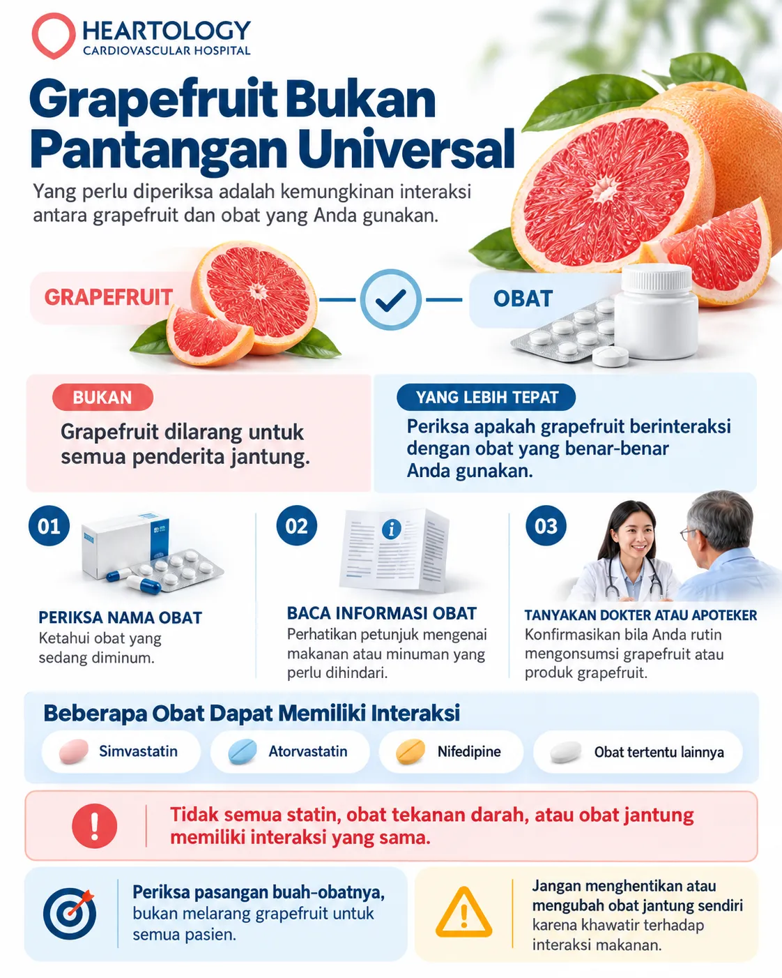 Infografik Heartology tentang grapefruit dan interaksi obat jantung yang menjelaskan pentingnya memeriksa kemungkinan interaksi grapefruit dengan obat tertentu sebelum dikonsumsi.