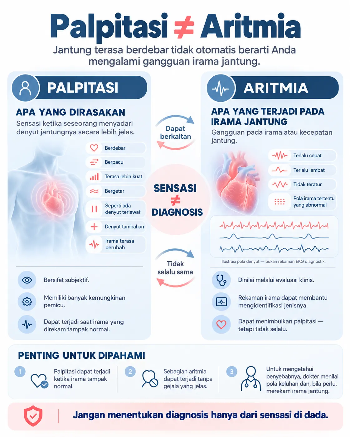 Infografik medis Heartology yang menjelaskan perbedaan palpitasi dan aritmia. Palpitasi adalah sensasi jantung berdebar yang dirasakan pasien, sedangkan aritmia adalah gangguan irama atau kecepatan jantung yang dinilai melalui evaluasi klinis dan, bila perlu, rekaman irama jantung.