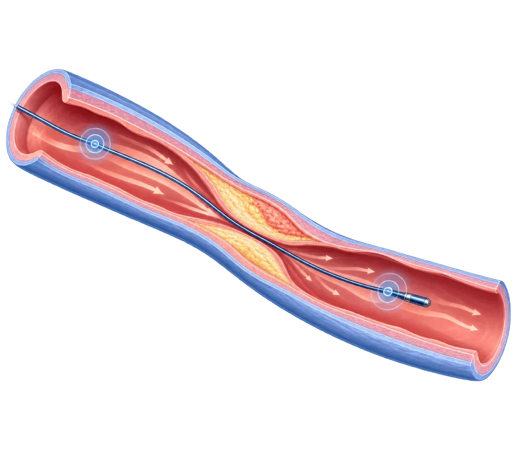 Ilustrasi medis arteri koroner dengan stenosis sedang dan pressure wire FFR yang melewati penyempitan, dengan sensor tekanan di sisi distal untuk membantu menilai dampak fisiologis stenosis.