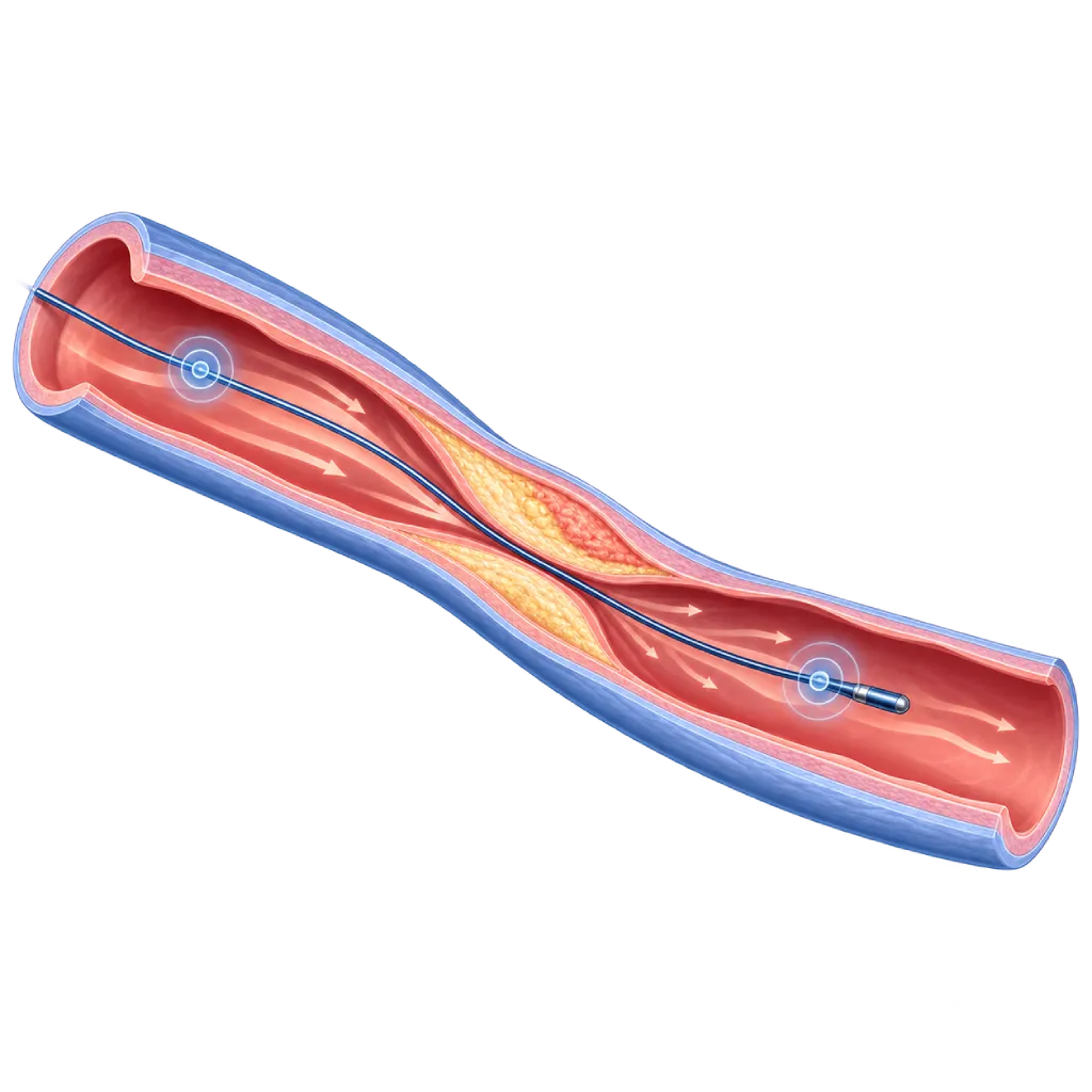 Ilustrasi medis arteri koroner dengan stenosis sedang dan pressure wire FFR yang melewati penyempitan, dengan sensor tekanan di sisi distal untuk membantu menilai dampak fisiologis stenosis.